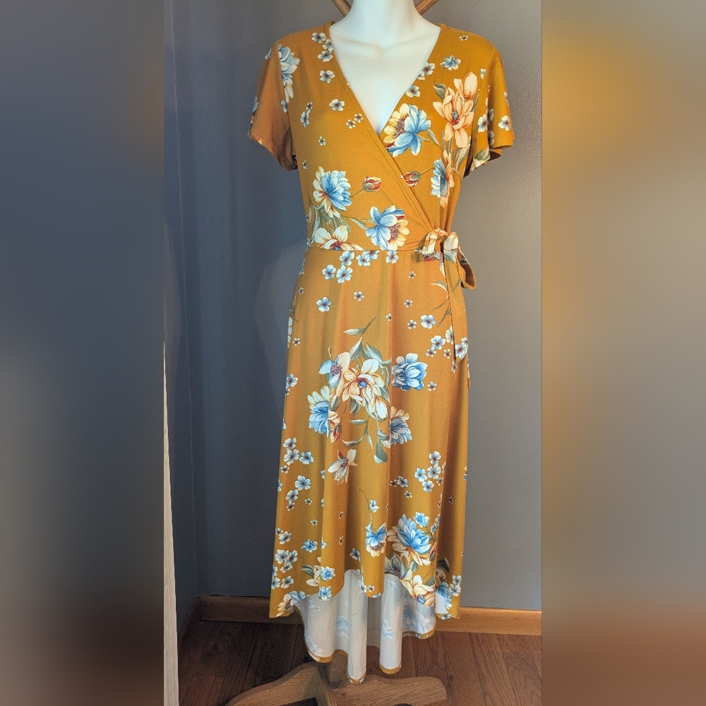 Medium Floral Wrap High Low Dress in Mustard Yellow With Floral Pattern
